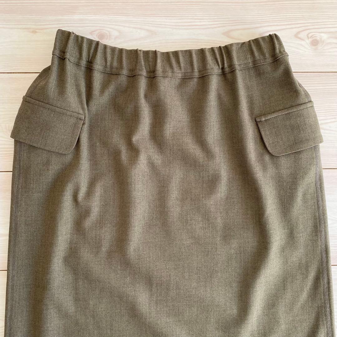 美品 45R R刺繍 ウールストレッチスカート 3 カーキ 日本製 ウエストゴム