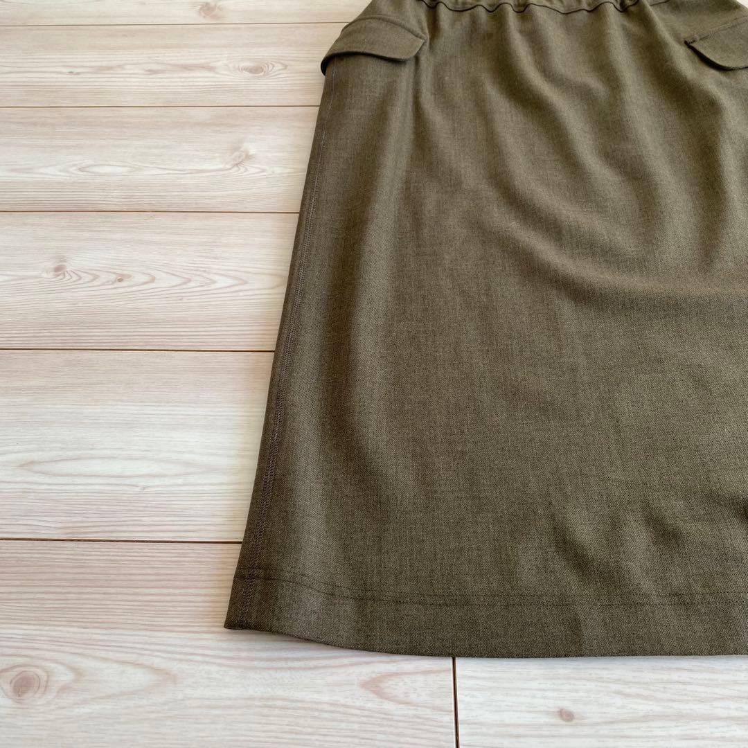 美品 45R R刺繍 ウールストレッチスカート 3 カーキ 日本製 ウエストゴム
