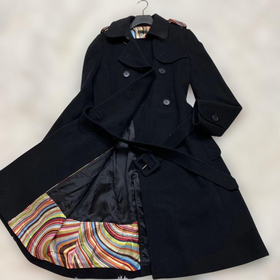極美品ポールスミスブラック トレンチコートカシミヤ混 マルチストライプ 黒色 L