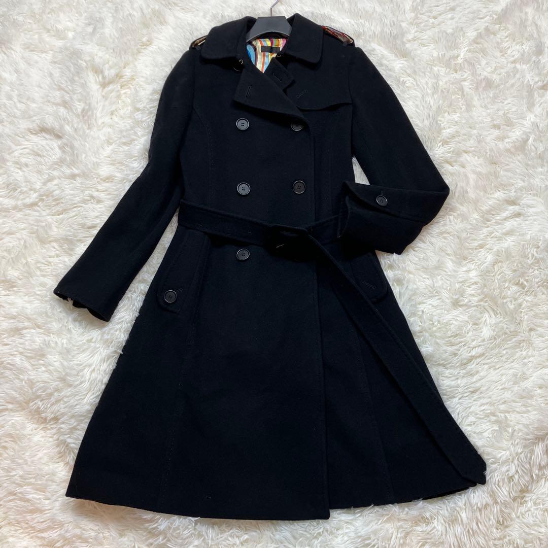 極美品ポールスミスブラック トレンチコートカシミヤ混 マルチストライプ 黒色 L