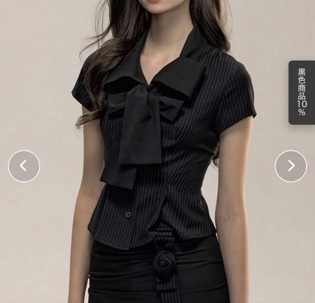 sunsetpark フレンチスリーブストライプブラウス　リボンブラウス