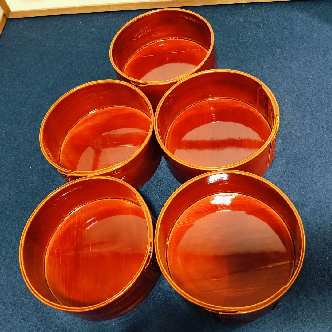 AN10 春慶 曲わっぱ 丸重 五客 蓋付弁当箱 木製漆器 紙箱 美品
