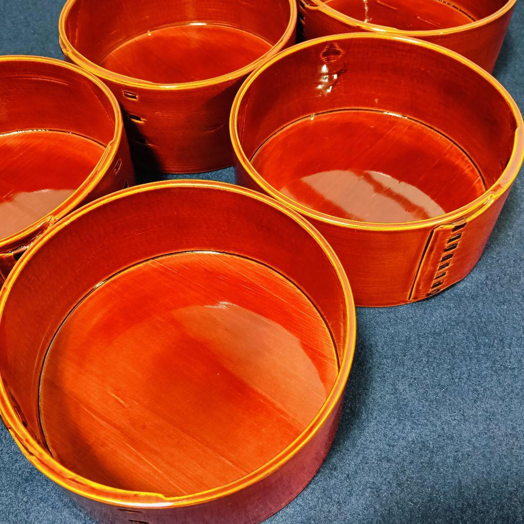 AN10 春慶 曲わっぱ 丸重 五客 蓋付弁当箱 木製漆器 紙箱 美品