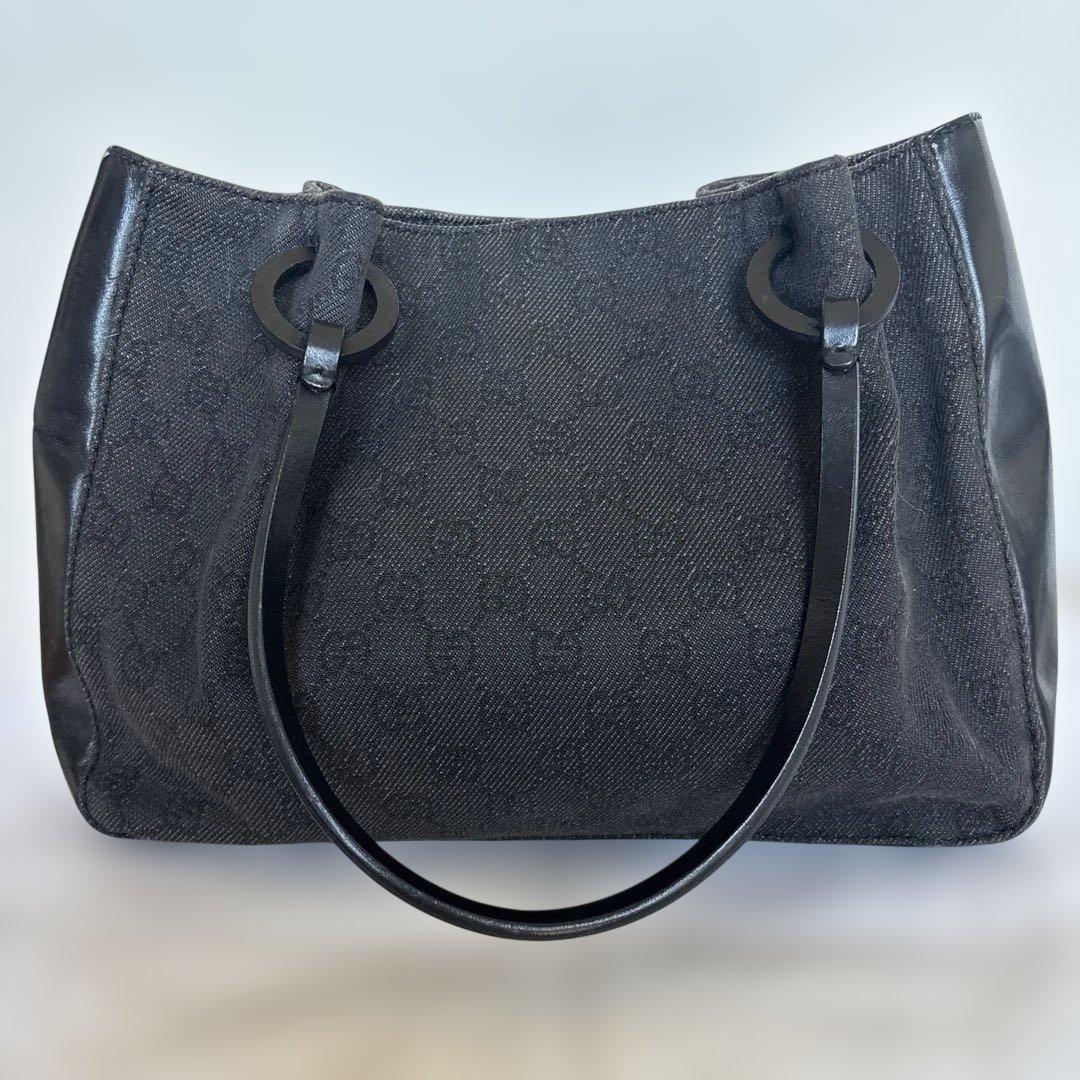 GUCCIグッチ トートバッグ GG柄 キャンバス レザー ポーチ付き 黒