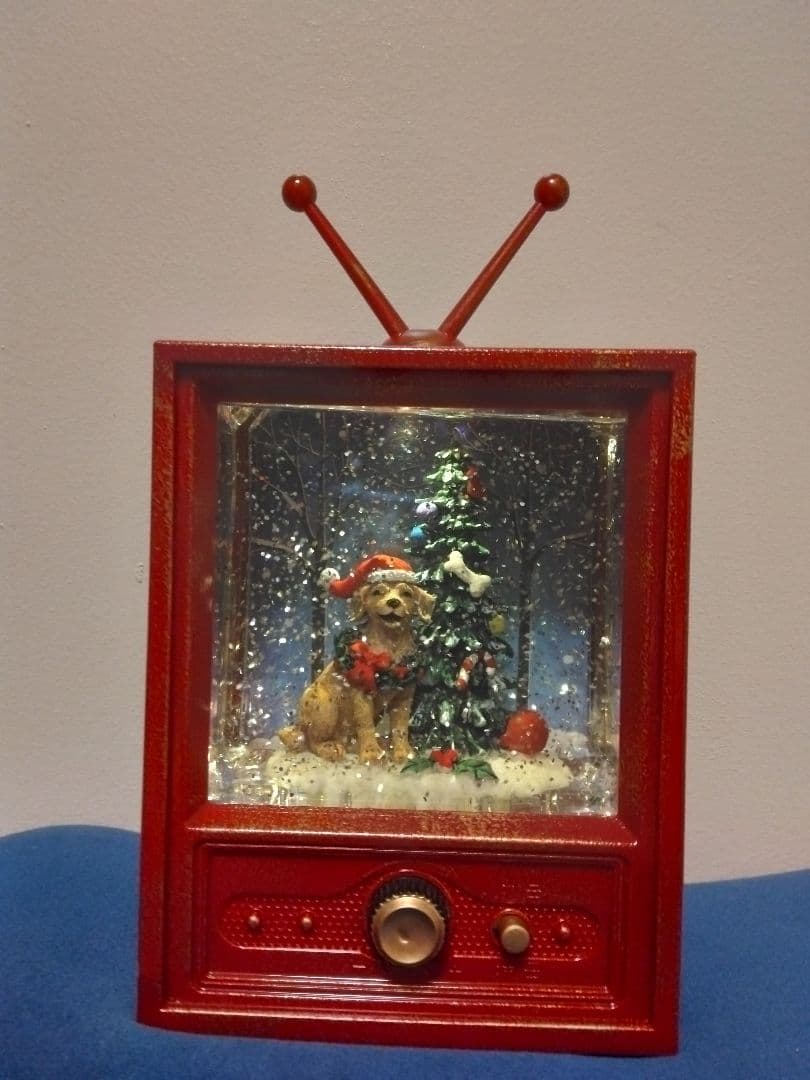 レトロ テレビ型オルゴール 犬とクリスマスツリー