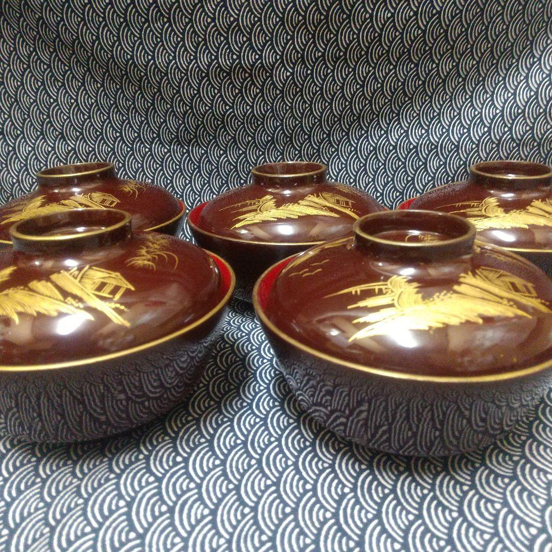 川連漆器 吸い物椀5客 沈金蒔絵 本漆[