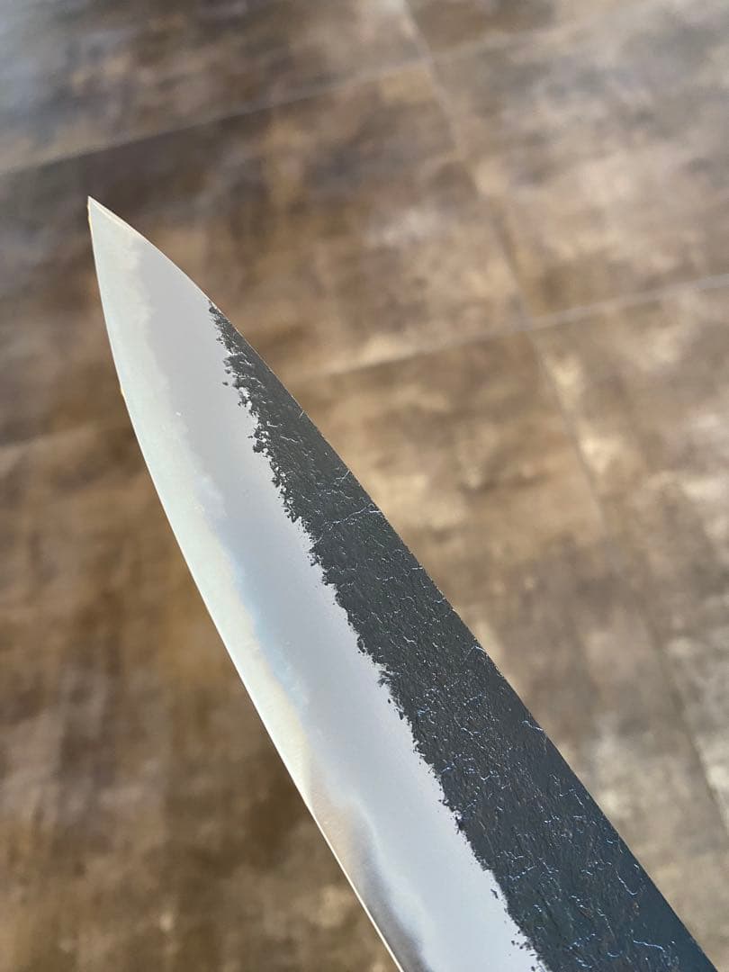 味方屋 日野浦 筋引 白二鋼 黒打ち 梨地 朴八角柄 27cm