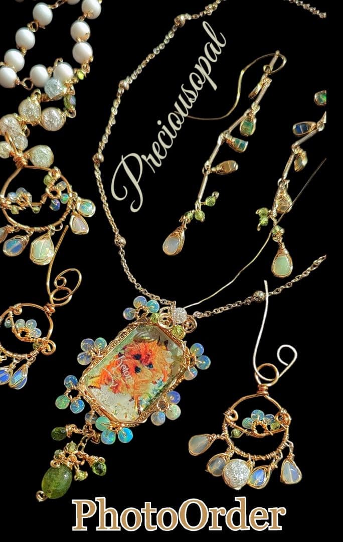 14kgf うちの子 写真 名入れ プレシャスオパール エメラルドネックレス