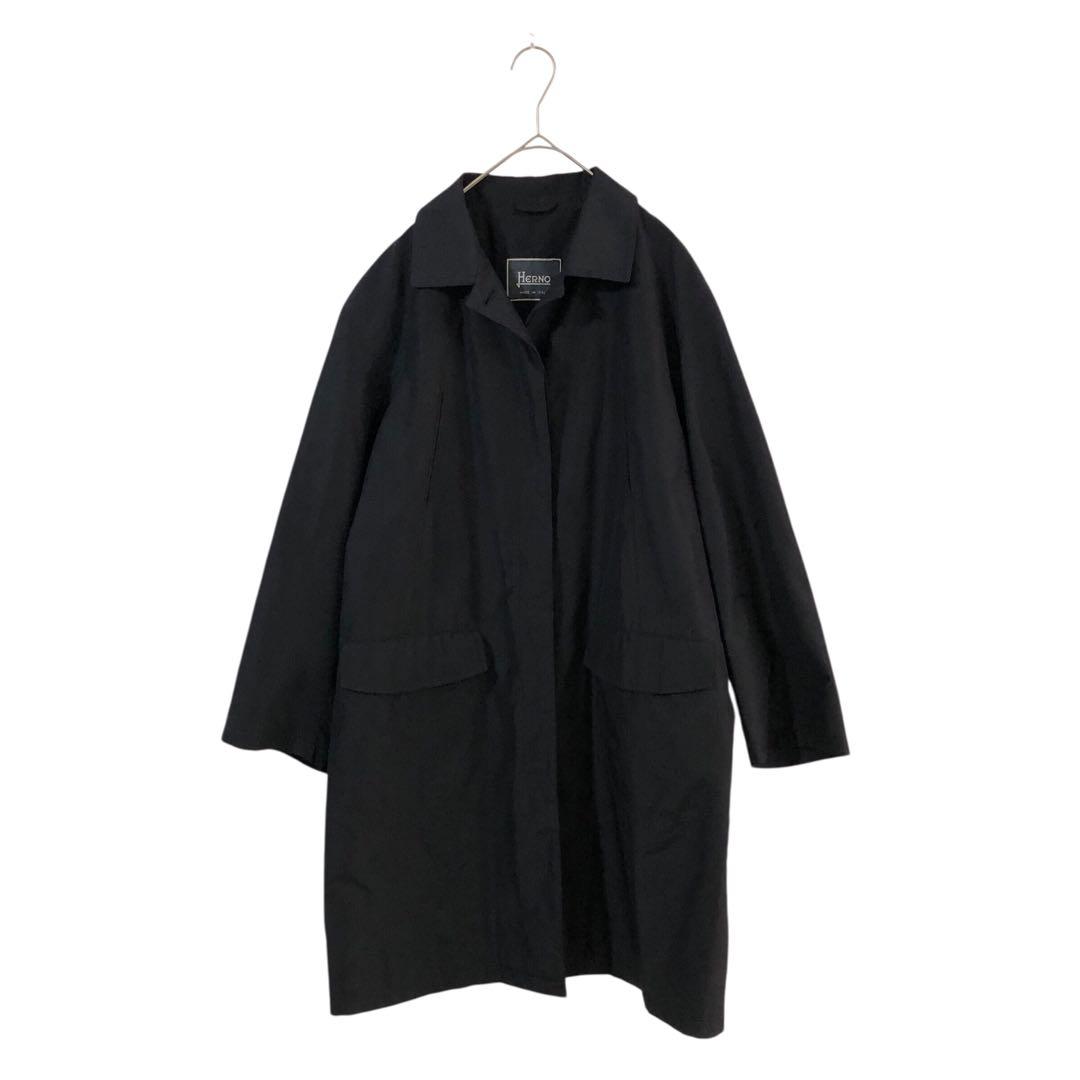 HERNO ヘルノ ステンカラーコート L 黒 シルク混 裏地スカーフ柄 比翼