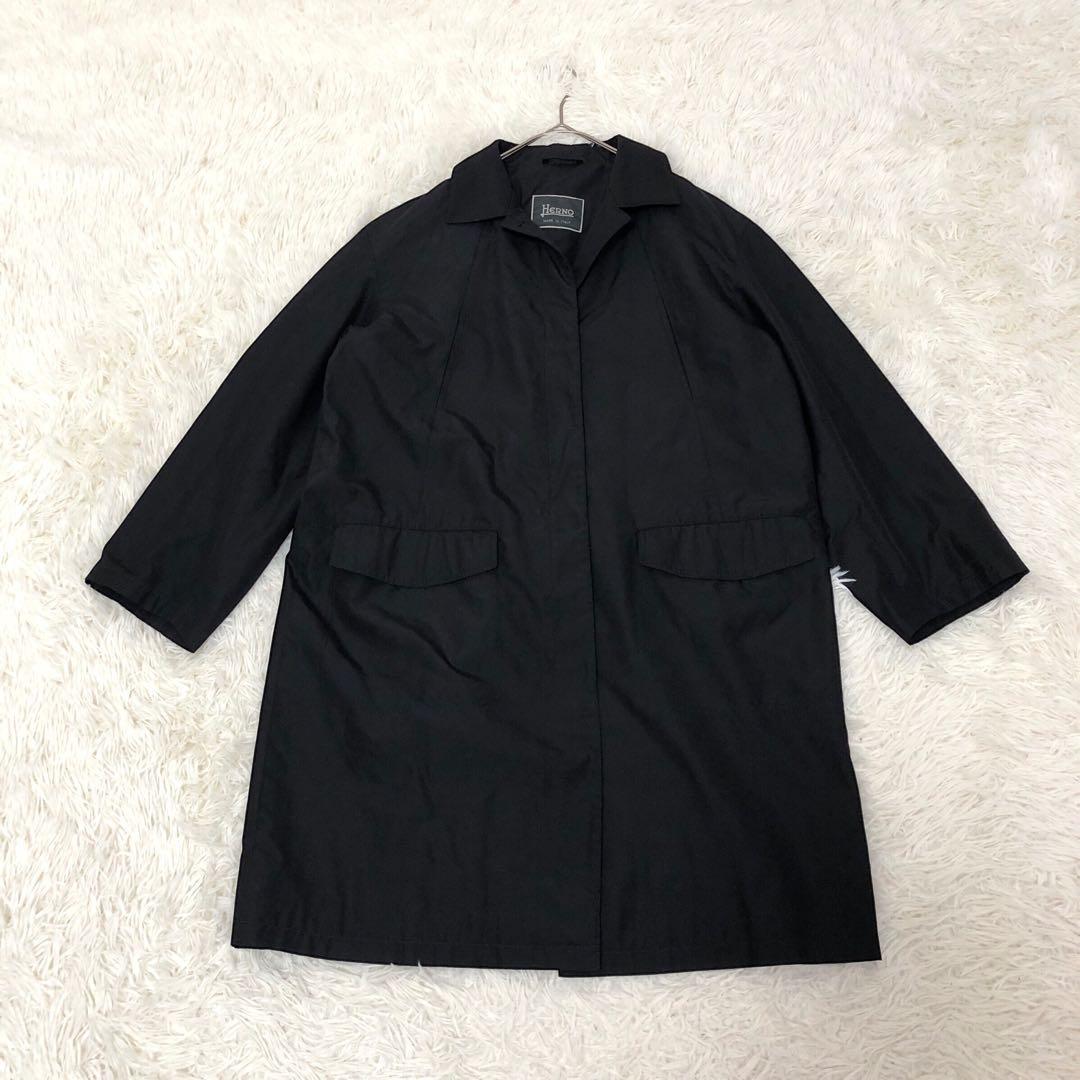HERNO ヘルノ ステンカラーコート L 黒 シルク混 裏地スカーフ柄 比翼