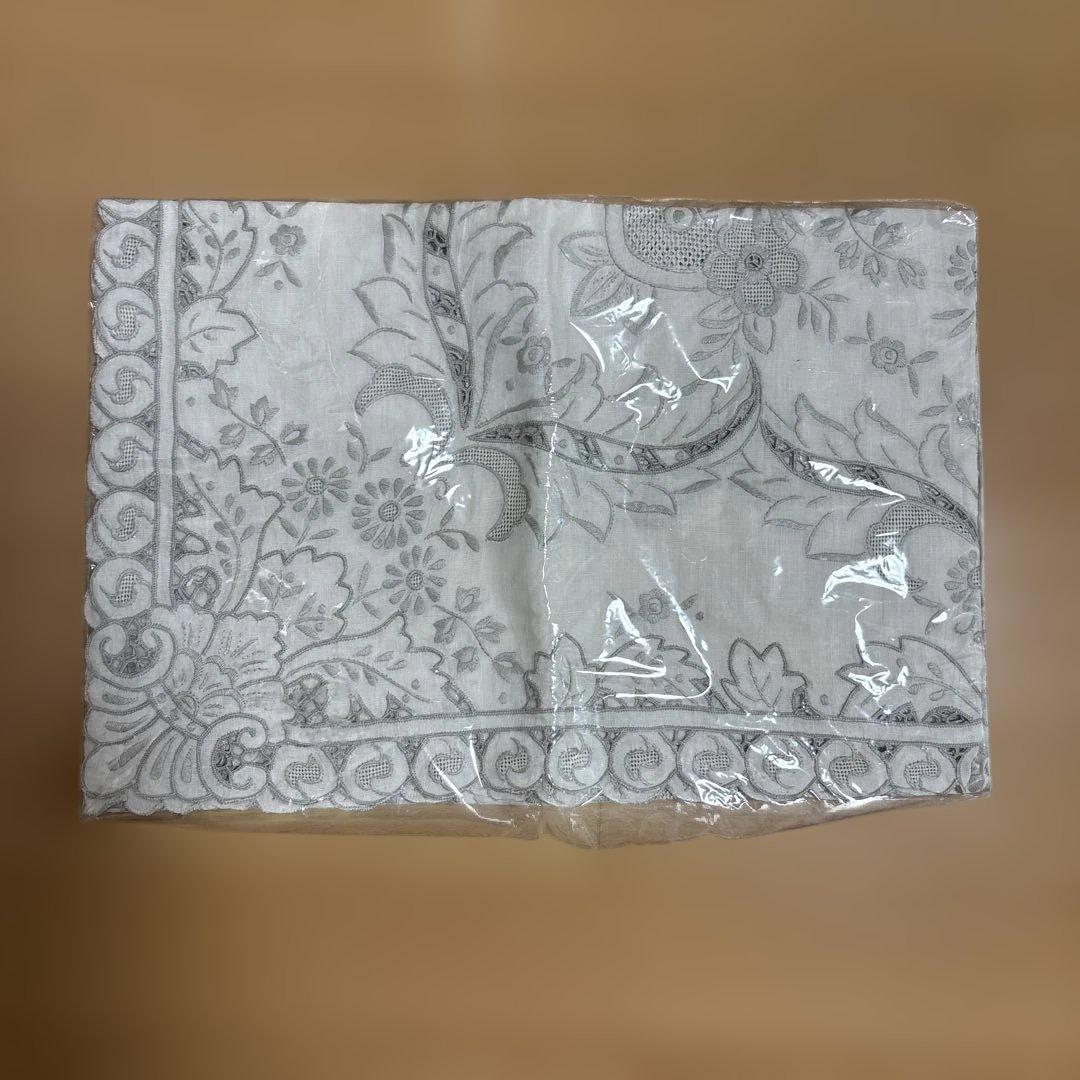 麻混 繊細刺繍 透かしレース編み込み アンティーク風テーブルクロス