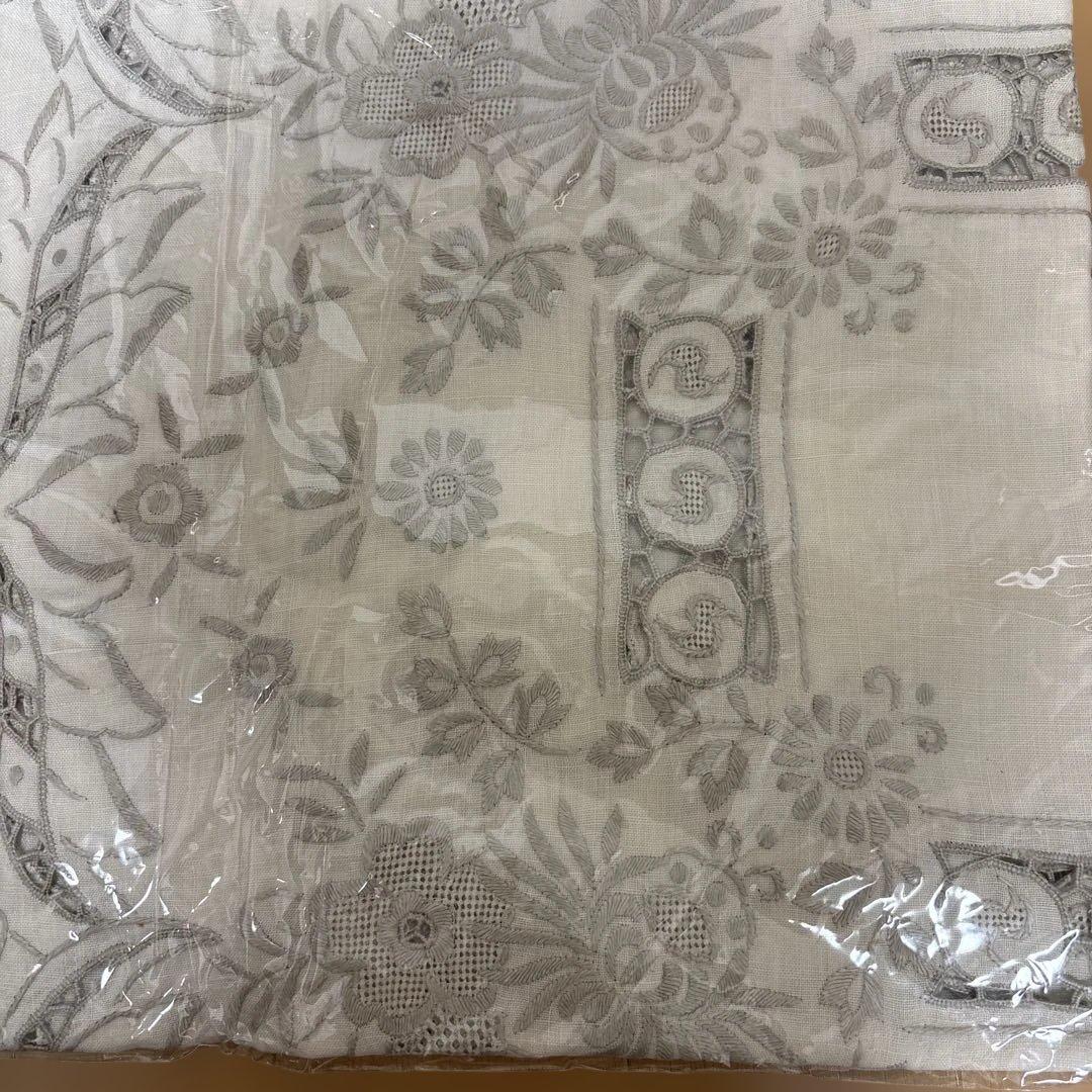 麻混 繊細刺繍 透かしレース編み込み アンティーク風テーブルクロス