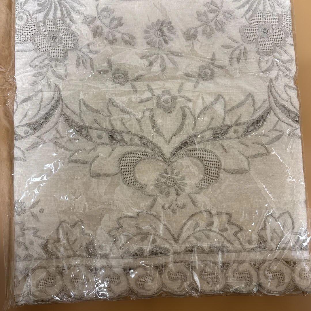 麻混 繊細刺繍 透かしレース編み込み アンティーク風テーブルクロス