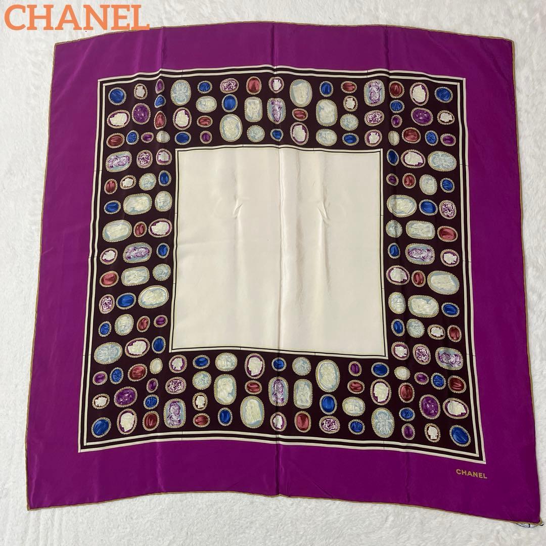 美品　希少　カメオ　シルク　シャネル　スカーフ　ヴィンテージ　パープル　紫