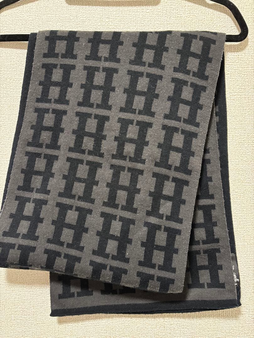 【最後の値段】　HERMES Hロゴ　マフラー グレー/ブラック