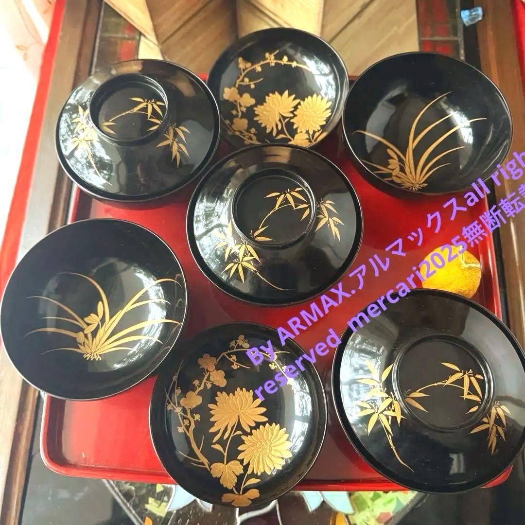 2199様感謝‼️かろやかJAPAN時代蒔絵 豪華四君子富士山形吸物椀5客