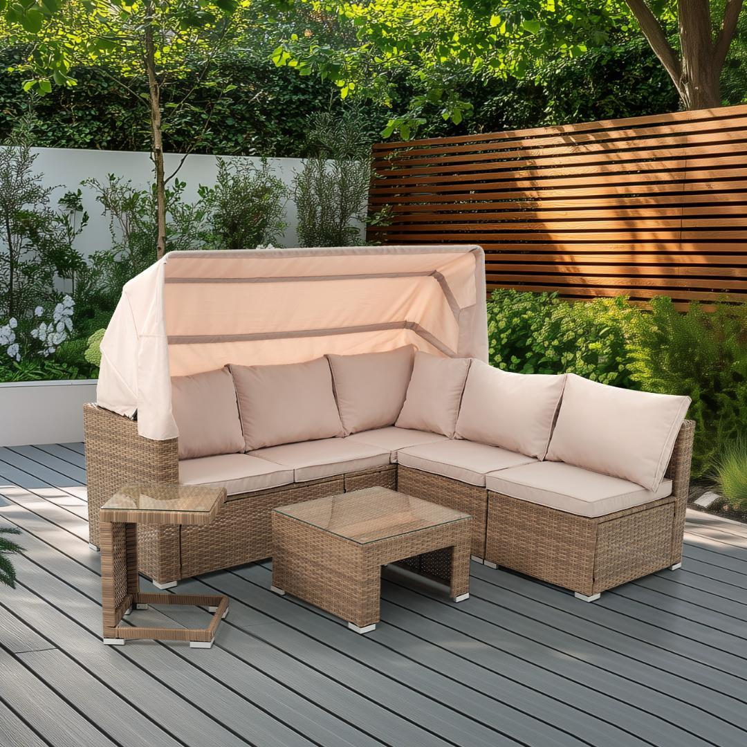 パラソル付き ガーデンファニチャー 5点 ラタン調 ガーデン テーブル チェア