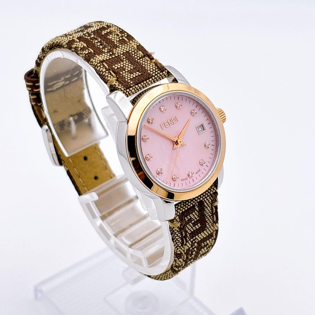 【未使用品・電池新品・完備】FENDI 2100L 11Pダイヤ ピンクシェル