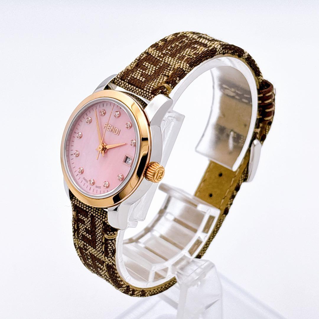 【未使用品・電池新品・完備】FENDI 2100L 11Pダイヤ ピンクシェル