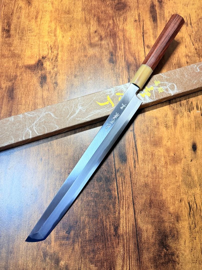 森本光一作　左用　蛸引 先丸　青鋼 紋鍛錬 尺　紫檀白水牛八角柄