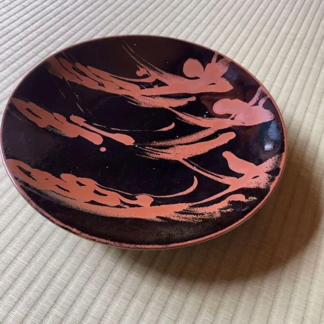 極上大皿！人間国宝濱田庄司作モダンな《黒釉錆流描大皿 》（検民芸スリップウェア