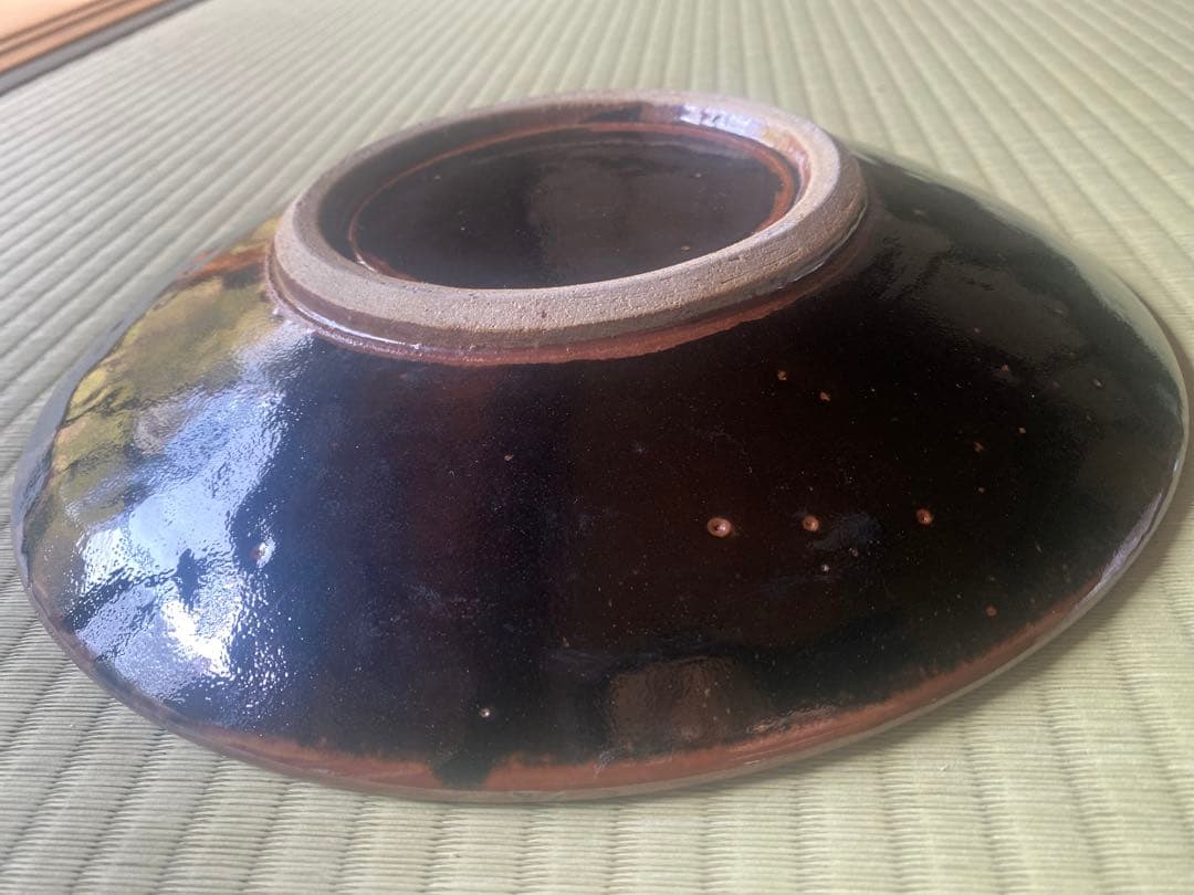 極上大皿！人間国宝濱田庄司作モダンな《黒釉錆流描大皿 》（検民芸スリップウェア