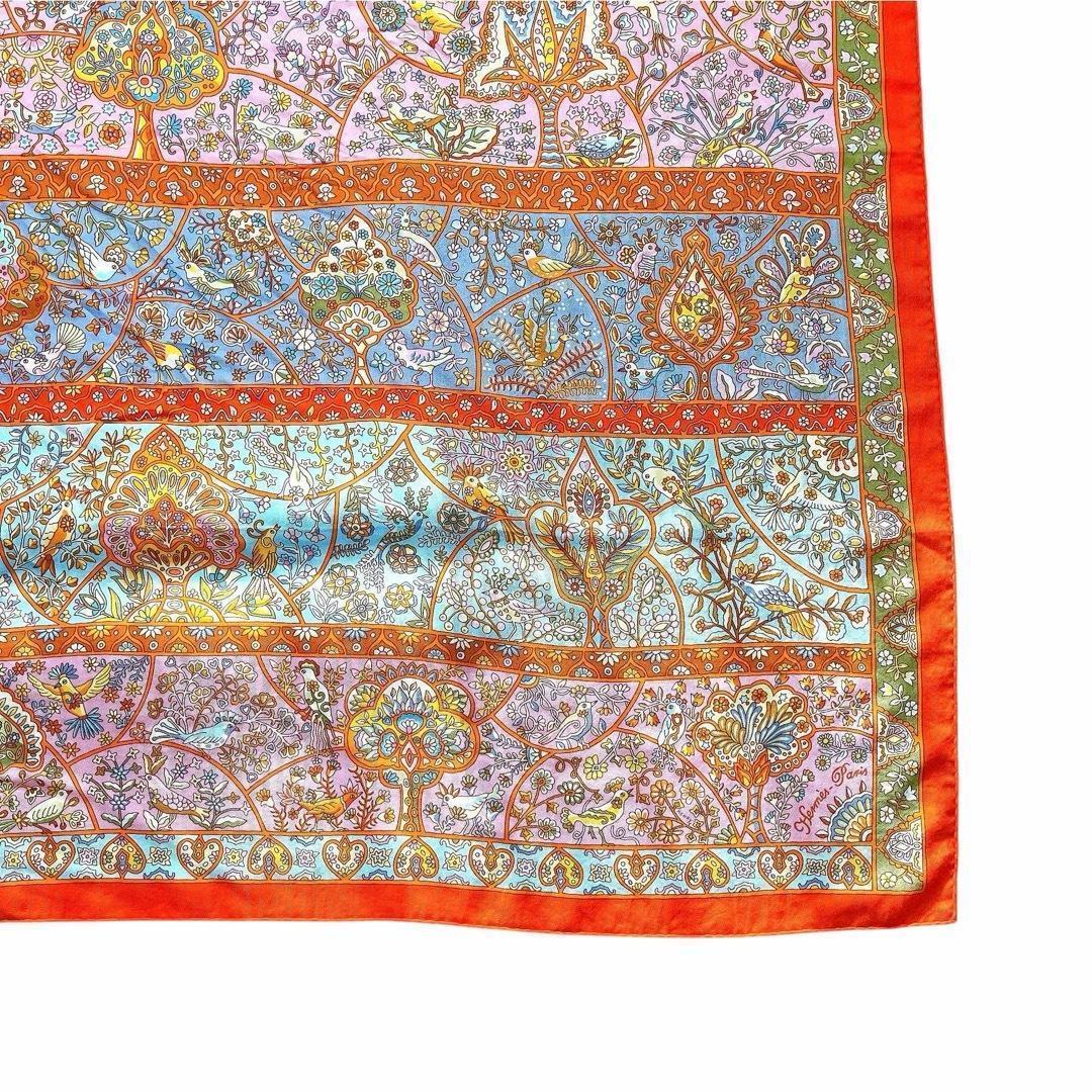 美品 エルメス カレジェアン ストール カシミヤ シルク 花咲く鳥たちの国で 橙