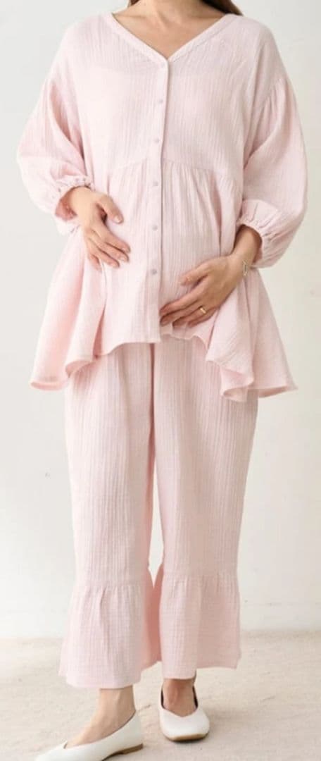 【美品】ジェラートピケ マタニティガーゼ プルオーバー＆ロングパンツセットピンク