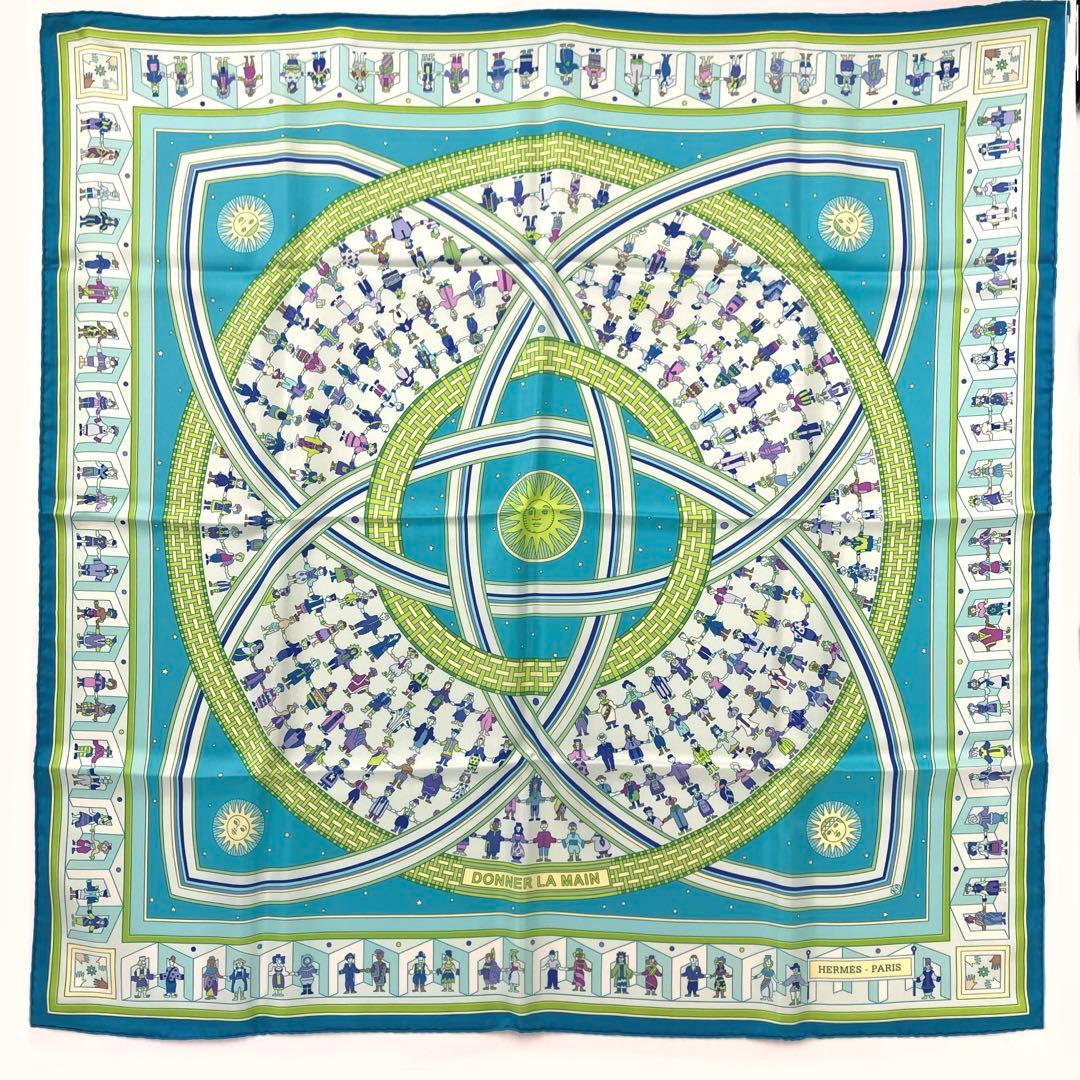 大人気☆エルメス☆スカーフ☆カレ90☆DONNER LA MAIN☆シルク☆青系