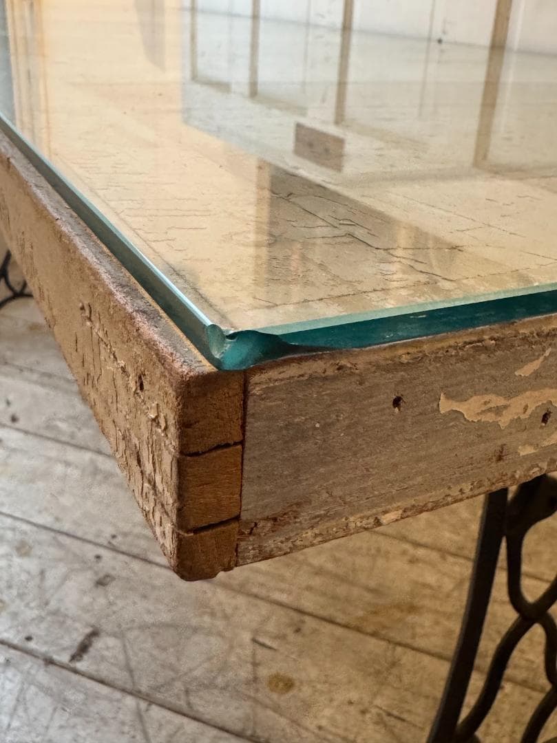 アンティークドアデスク シンガーミシン脚 ガラス天板 店舗作業台 机 テーブル