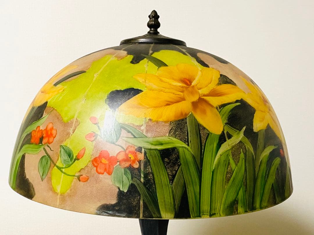 【 美品 】高さ58㎝ ティファニー風 葉・花柄 大型ガラスシェードランプ