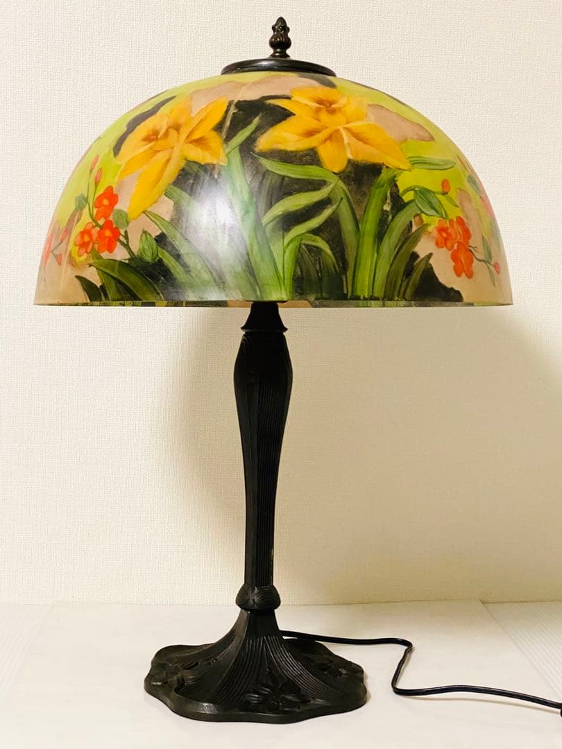 【 美品 】高さ58㎝ ティファニー風 葉・花柄 大型ガラスシェードランプ