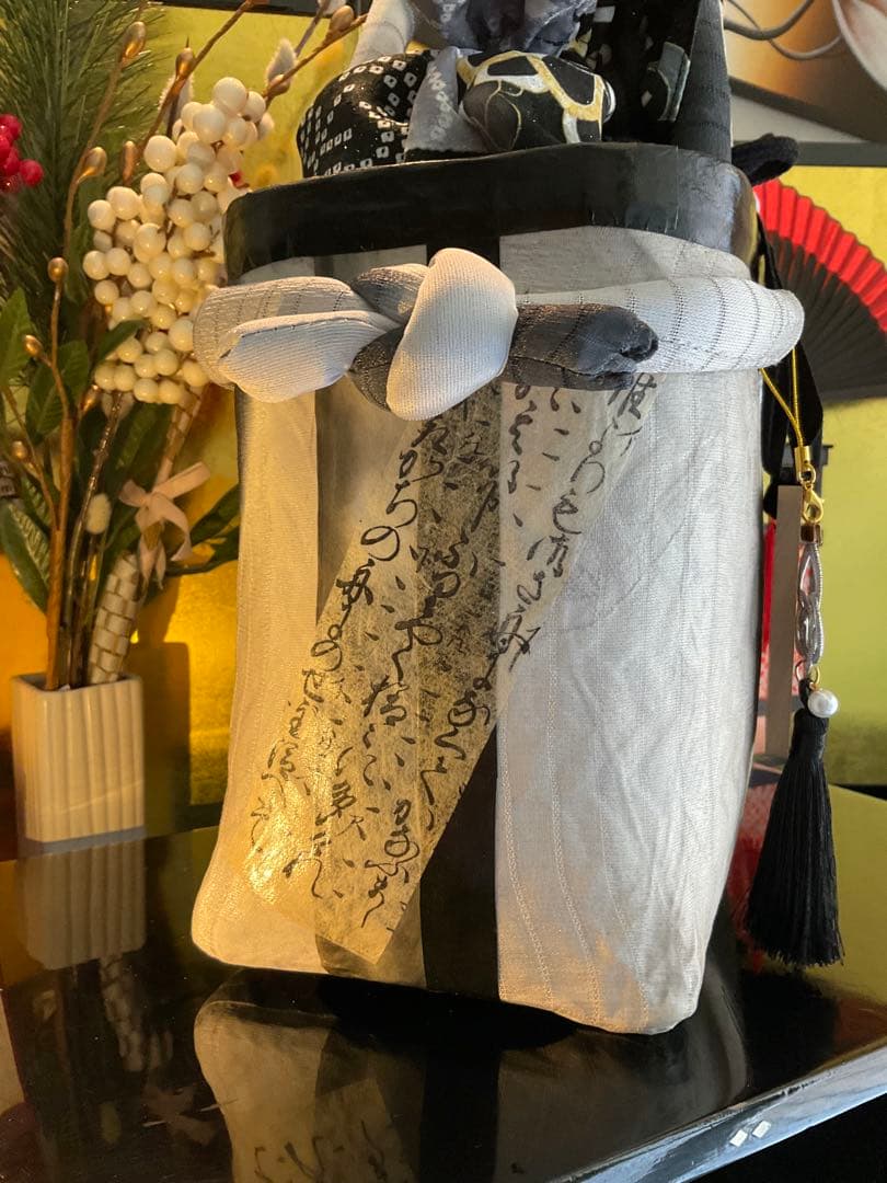 一閑張り　一閑張りバッグ　古文書　和紙　花絵柄　着物　京友禅　正絹　墨波紋様