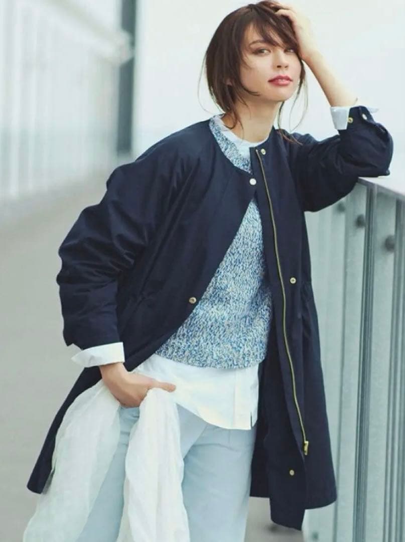 23区L 44【洗える】ライトツイル ノーカラーコート ネイビー