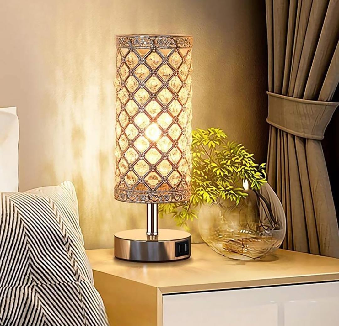 クリスタルテーブルランプ モダン タッチ調光 USB充電ポート付き