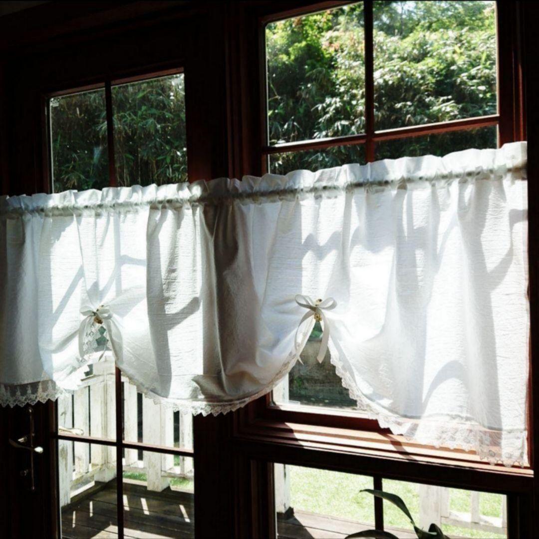 ホワイトコットン３wayカフェカーテン♪200cm×58cm レース モノトーン