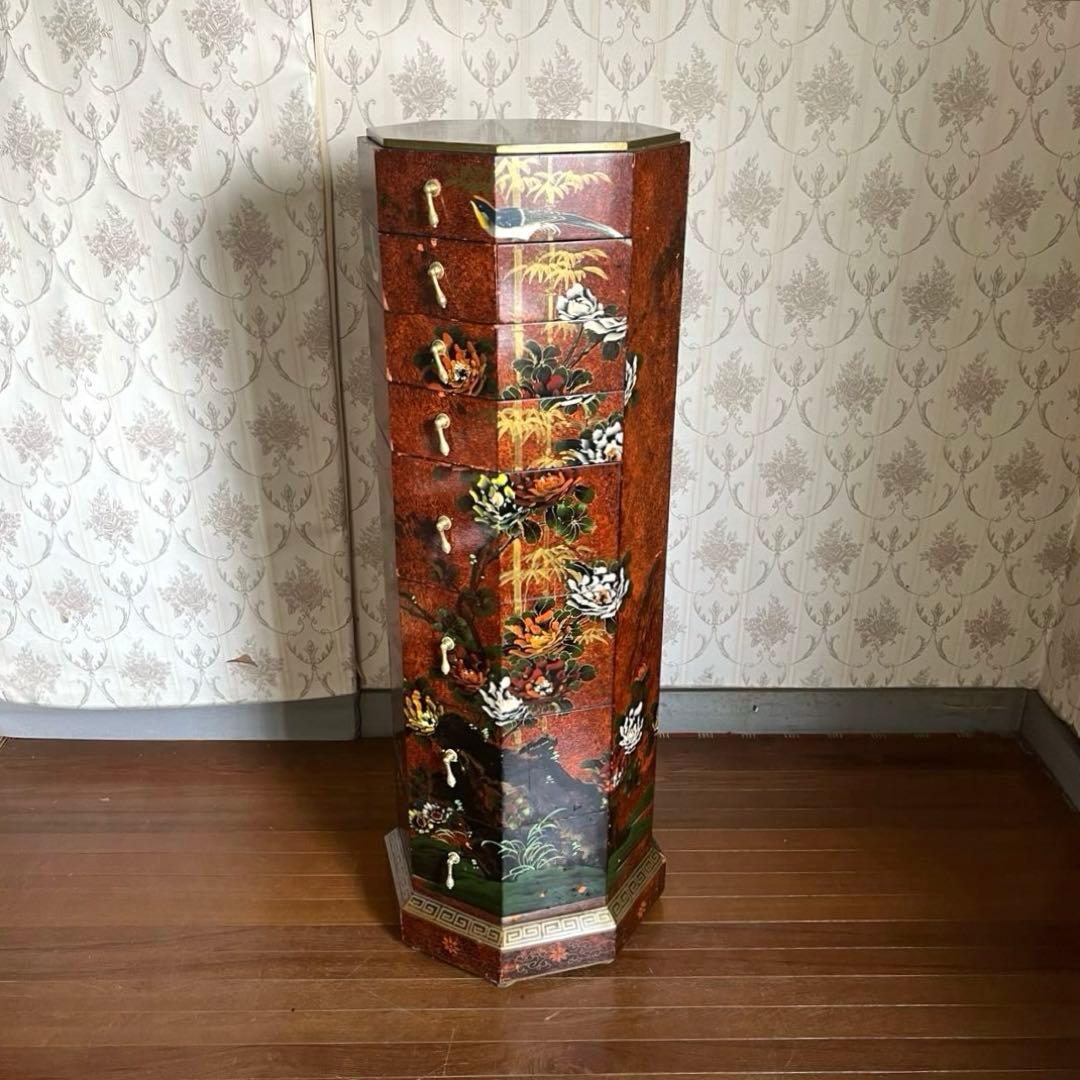 【アンティーク】中国家具 宝石棚 花鳥画 箪笥 チェスト 8杯 飾り棚 古家具