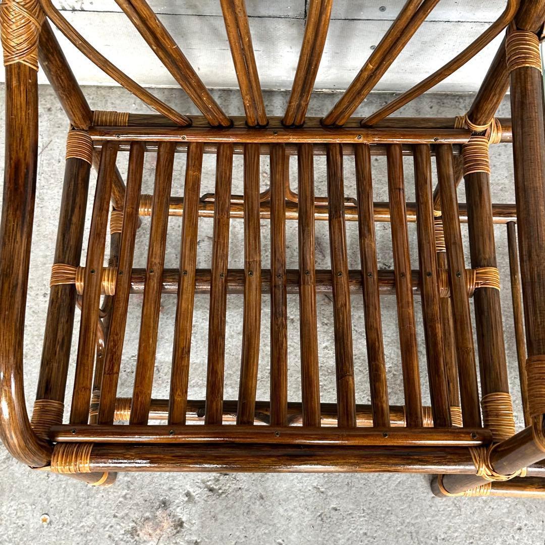 ✿80s✿ 昭和レトロ ラタンアームチェア サイドテーブル一体型ガラストップ