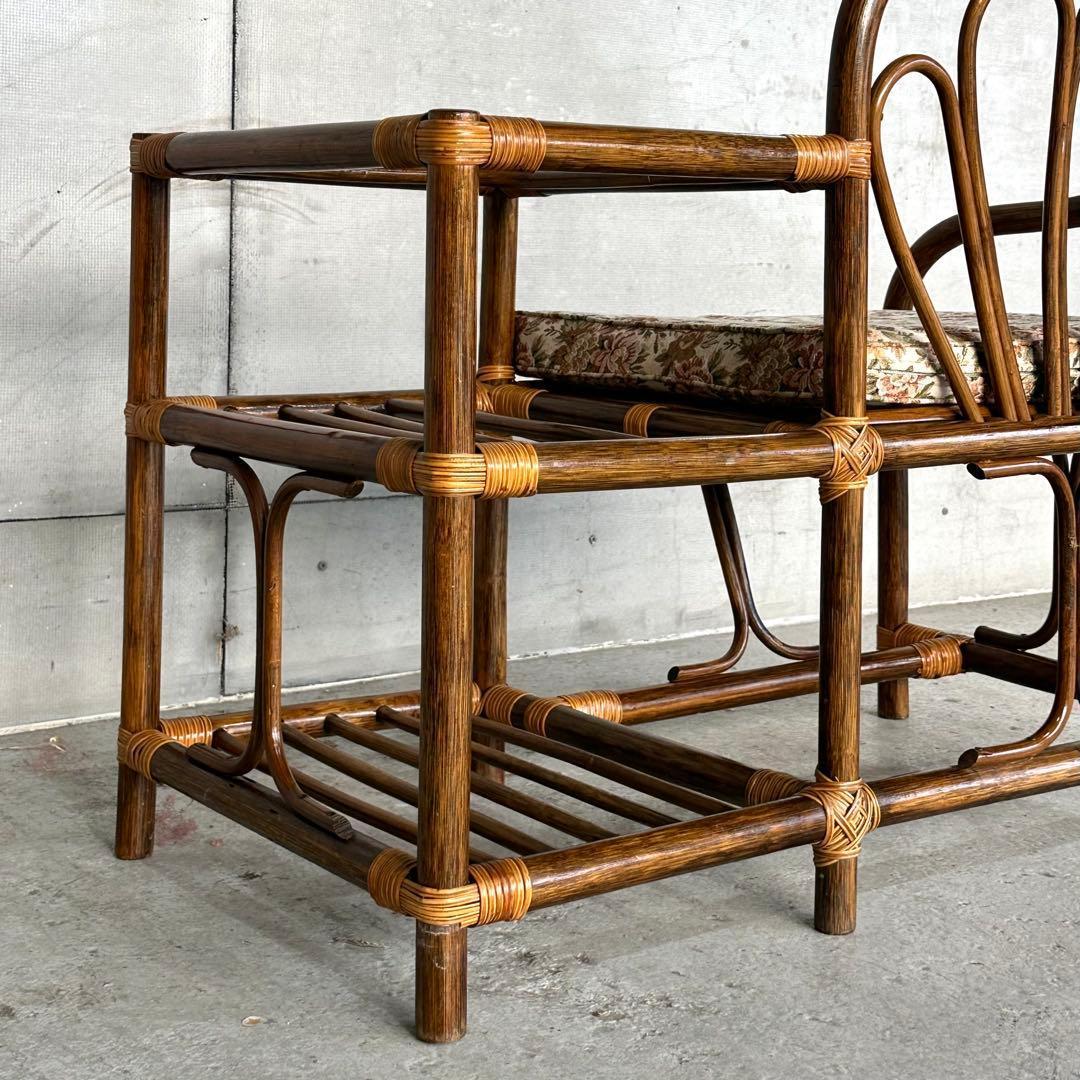 ✿80s✿ 昭和レトロ ラタンアームチェア サイドテーブル一体型ガラストップ