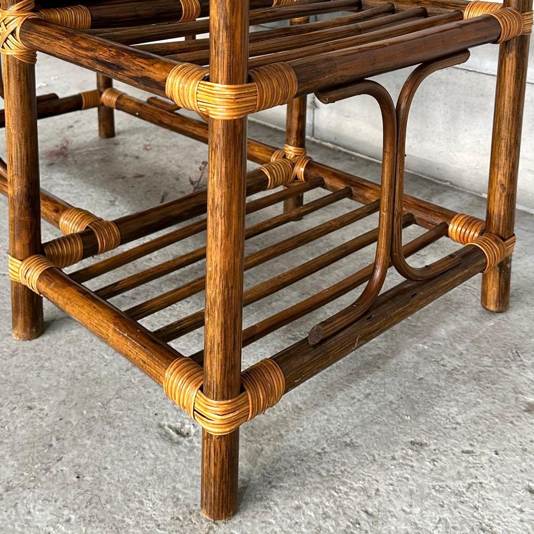 ✿80s✿ 昭和レトロ ラタンアームチェア サイドテーブル一体型ガラストップ