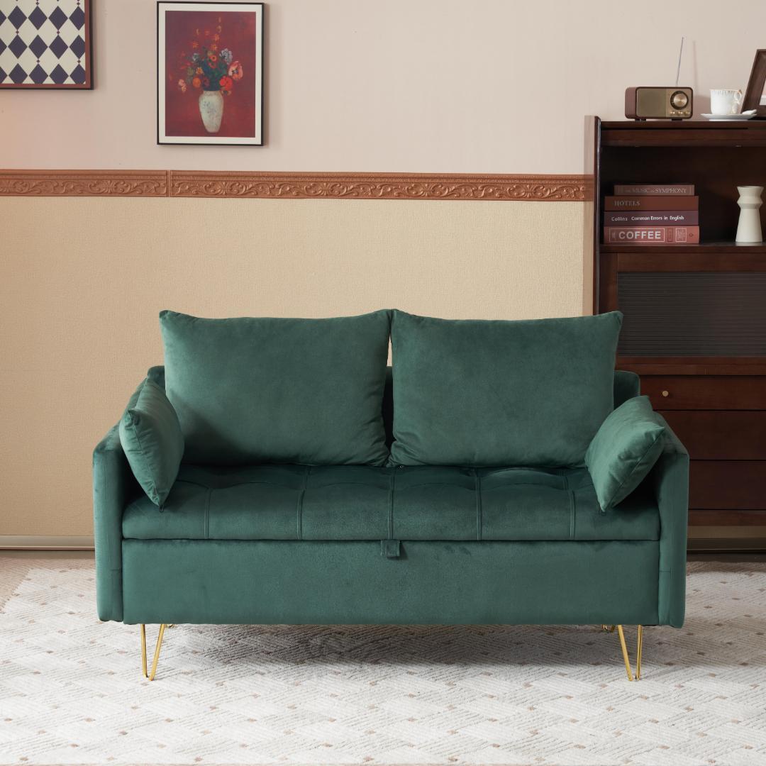 グリーン ソファー 2人掛け ソファ 収納付き クッション4個付き金属脚付き