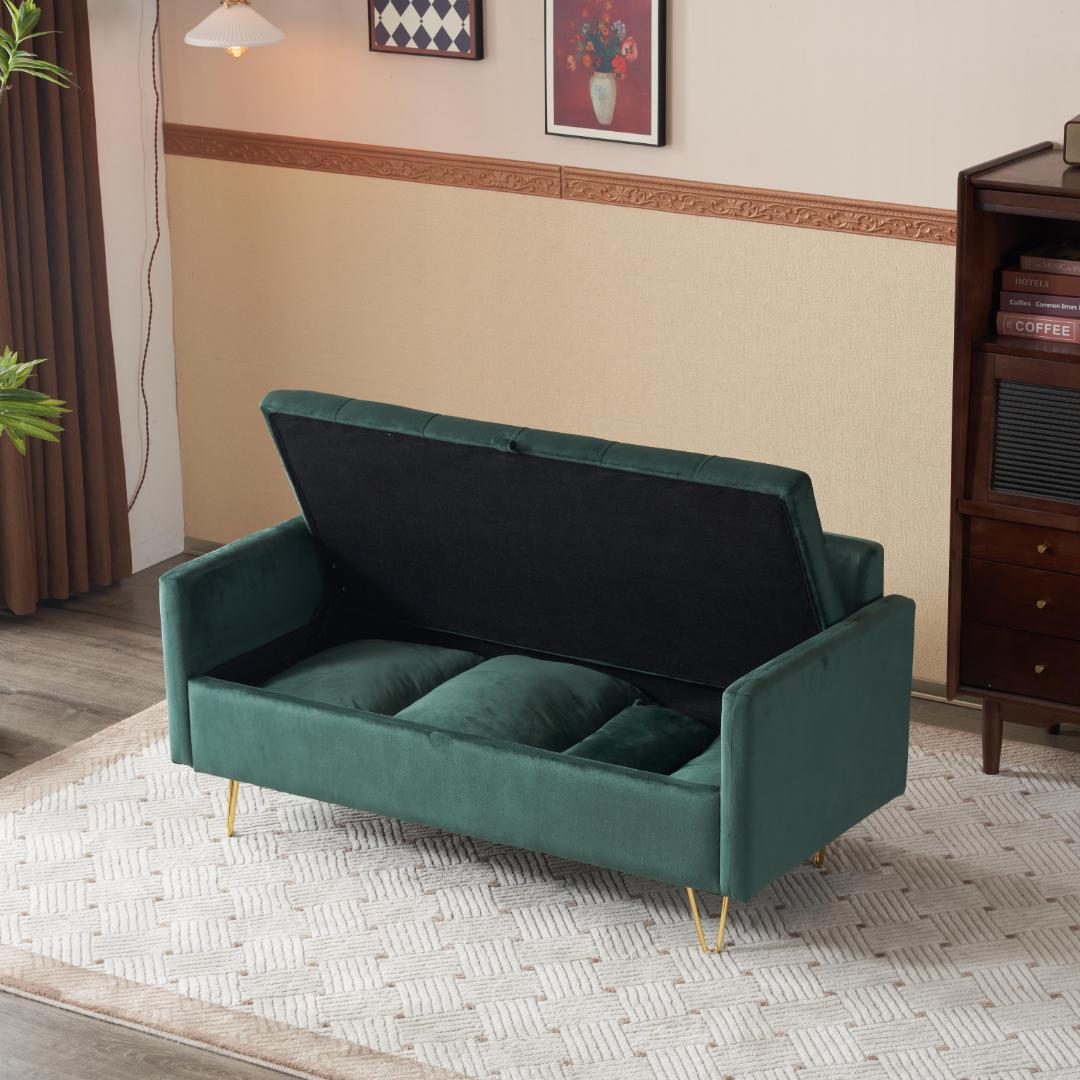 グリーン ソファー 2人掛け ソファ 収納付き クッション4個付き金属脚付き