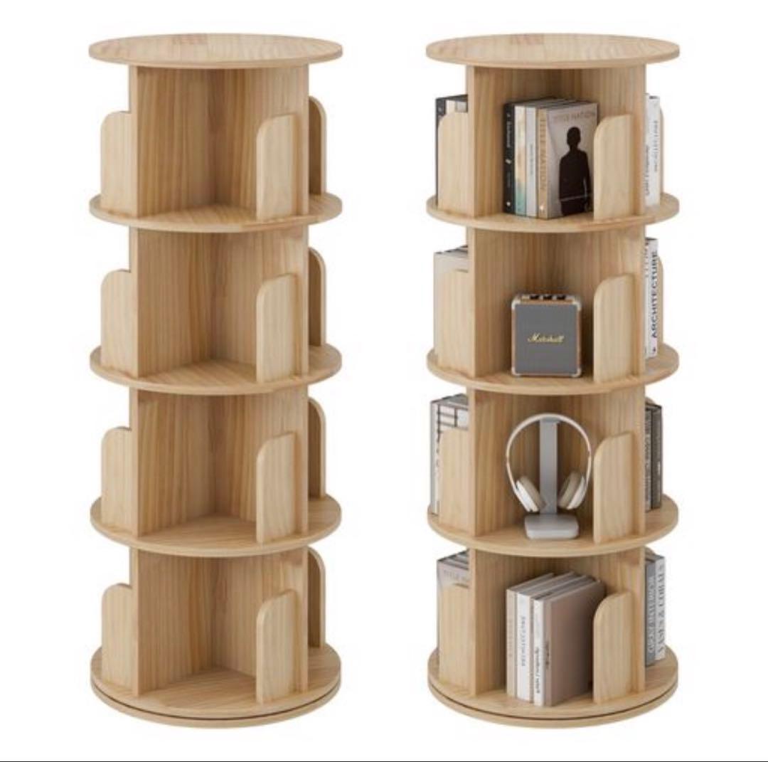 4段　木製　回転式本棚　大容量　天然木　絵本棚　組立簡単　本収納棚　CDラック