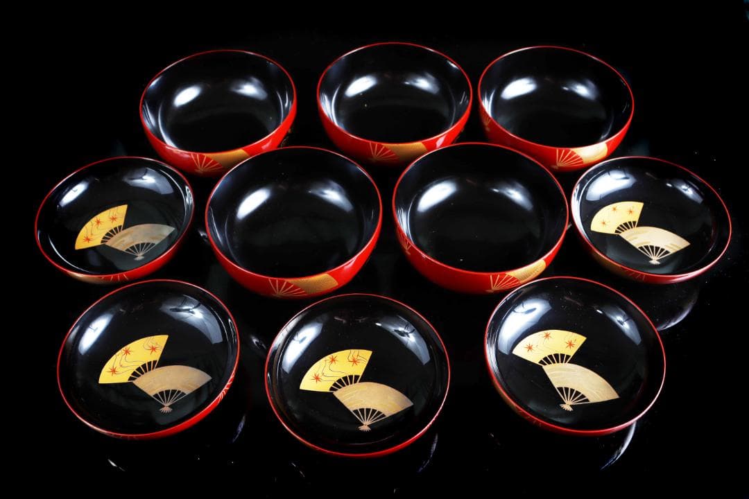 輪島塗 朱扇金蒔絵 煮物椀 五客 共箱 前田定治郎