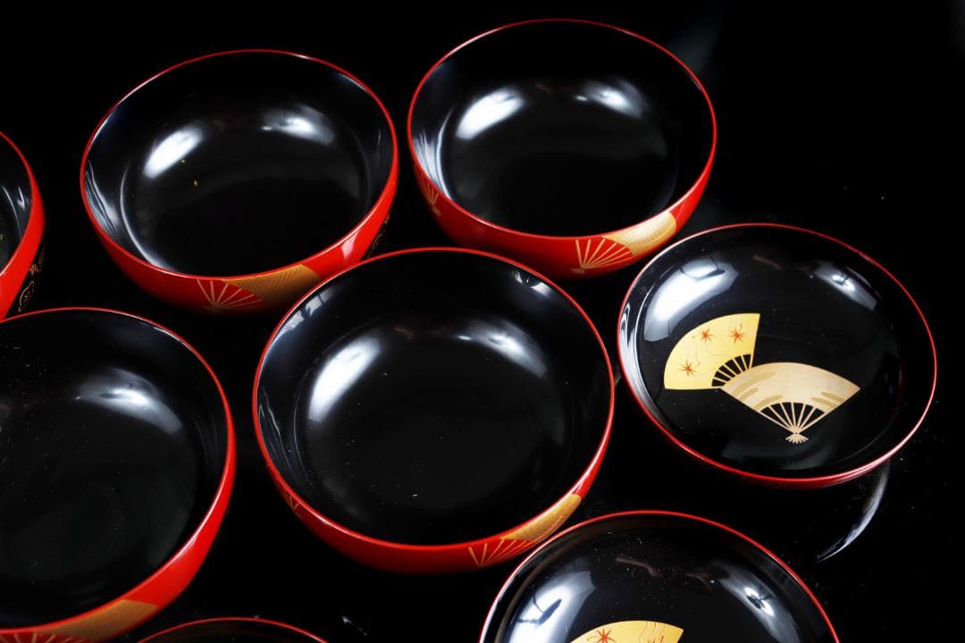 輪島塗 朱扇金蒔絵 煮物椀 五客 共箱 前田定治郎