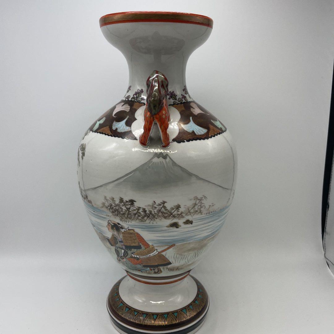 武士の絵 陶器製 花瓶 獅子持ち手付き 九谷焼