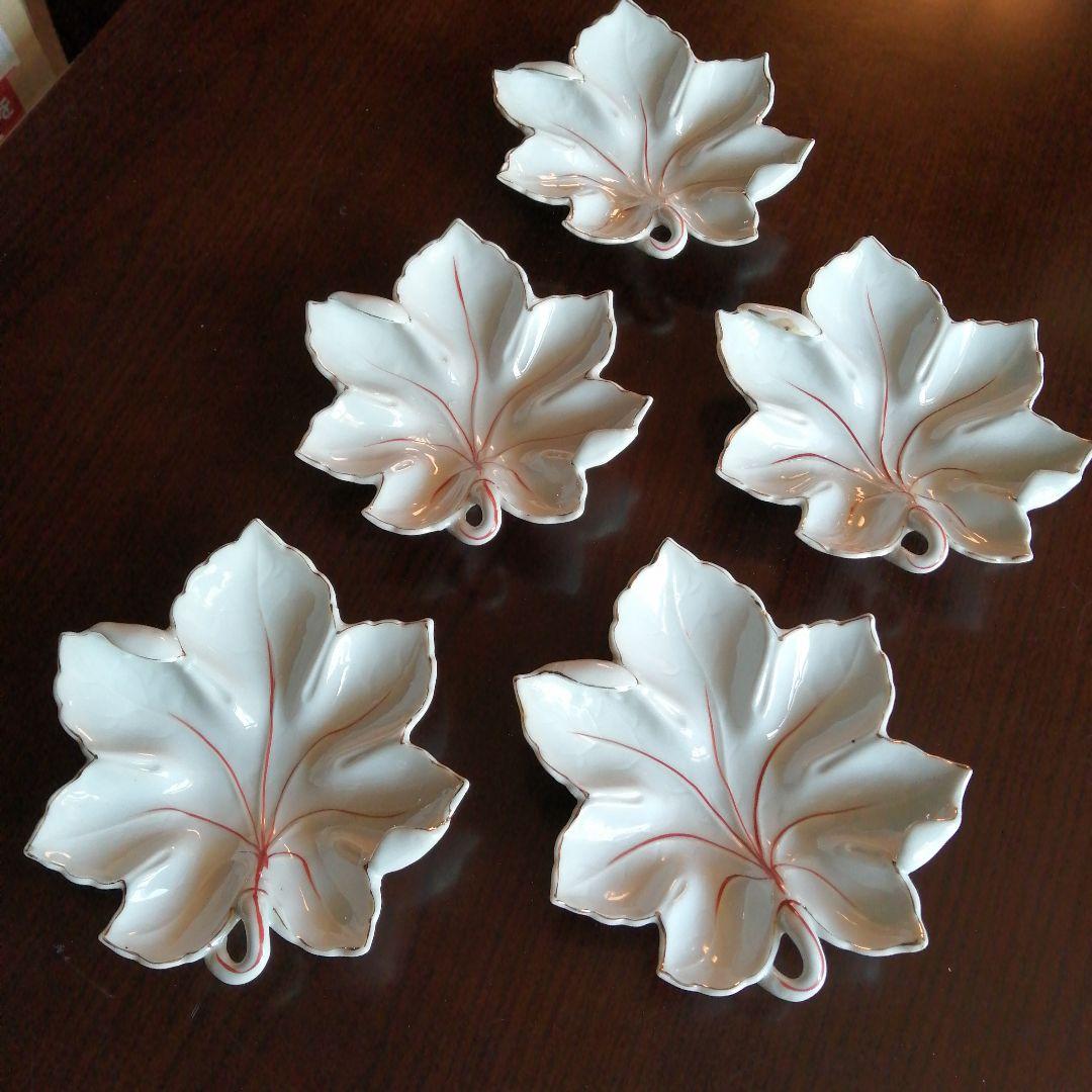 京焼　白磁紅葉形皿　5枚　18.6cm　大正～昭和初期