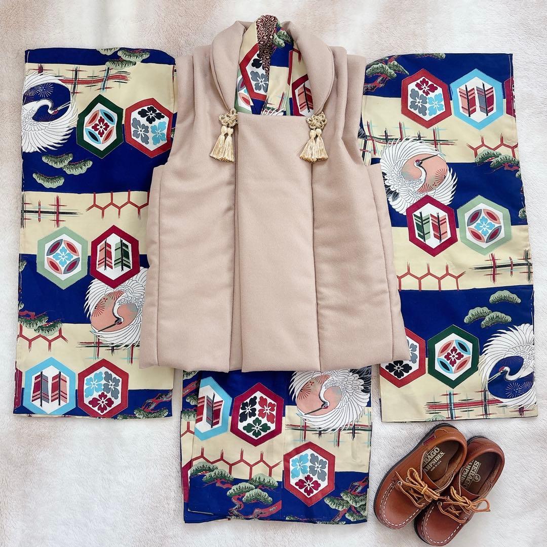 七五三　3歳　男の子　アンティーク　お着物　被布　セット　子供着物　青　鶴
