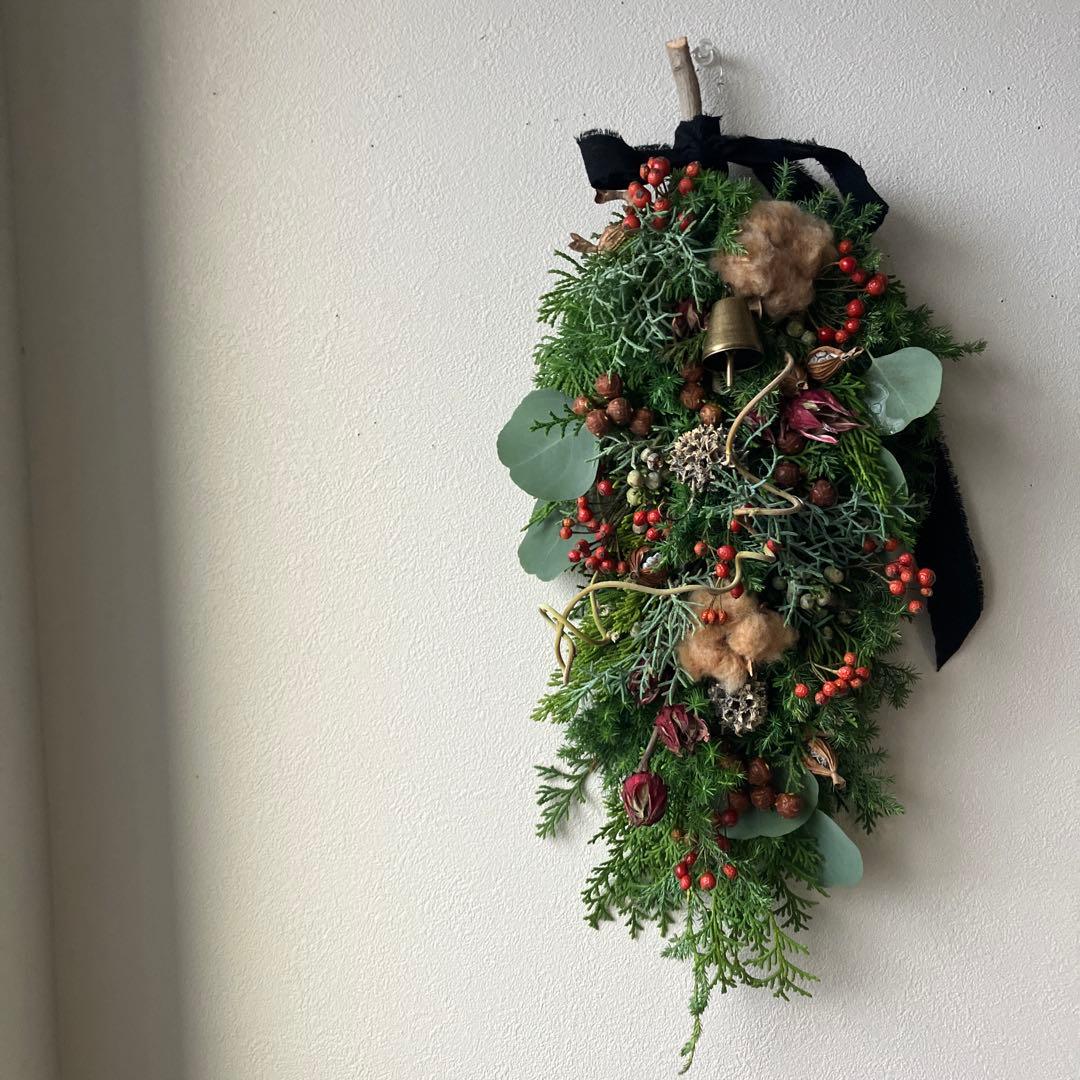 コットンと赤い実のクリスマススワッグガーランド　ローゼル　野バラの実