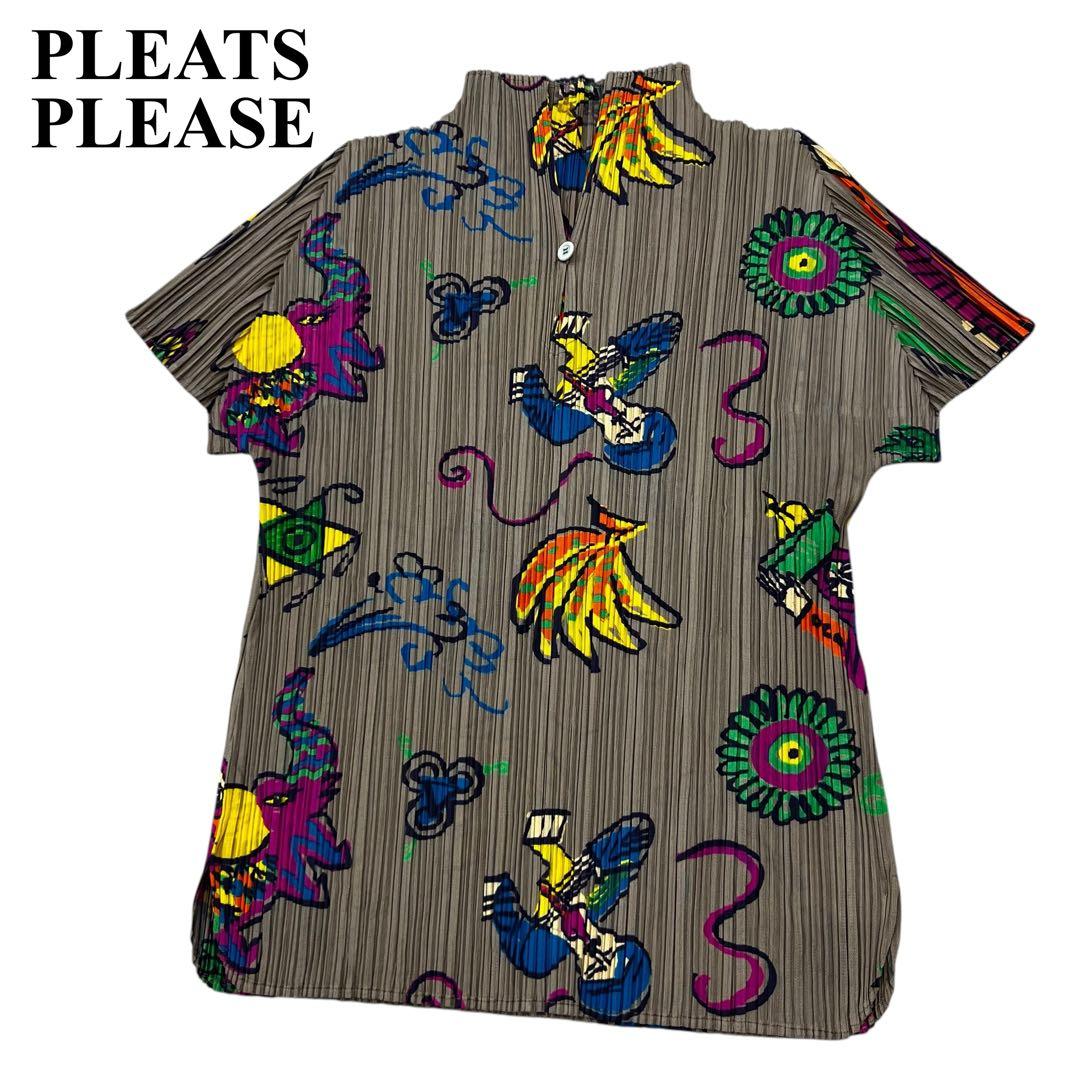 PLEATS PLEASE カットソー 総柄 アニマル ライトブラウン 3 L